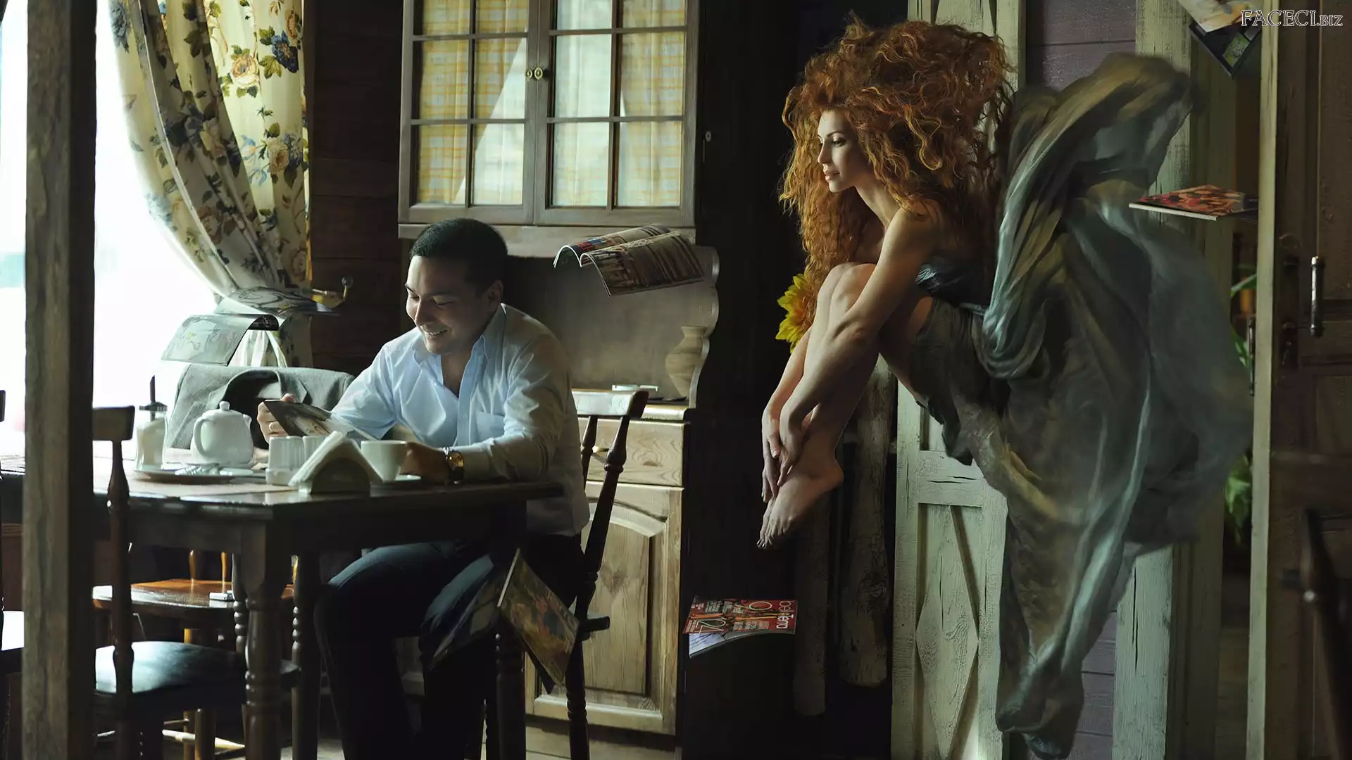 Mężczyzna, Mieszkanie, Wnętrze, Gazety, Kobieta, Fantasy